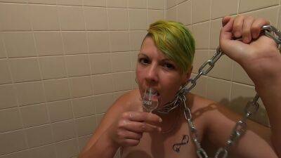 Chained Slave Girlfriend Pissed On Drinking Piss And Then Her Own From Shot Glass - hclips